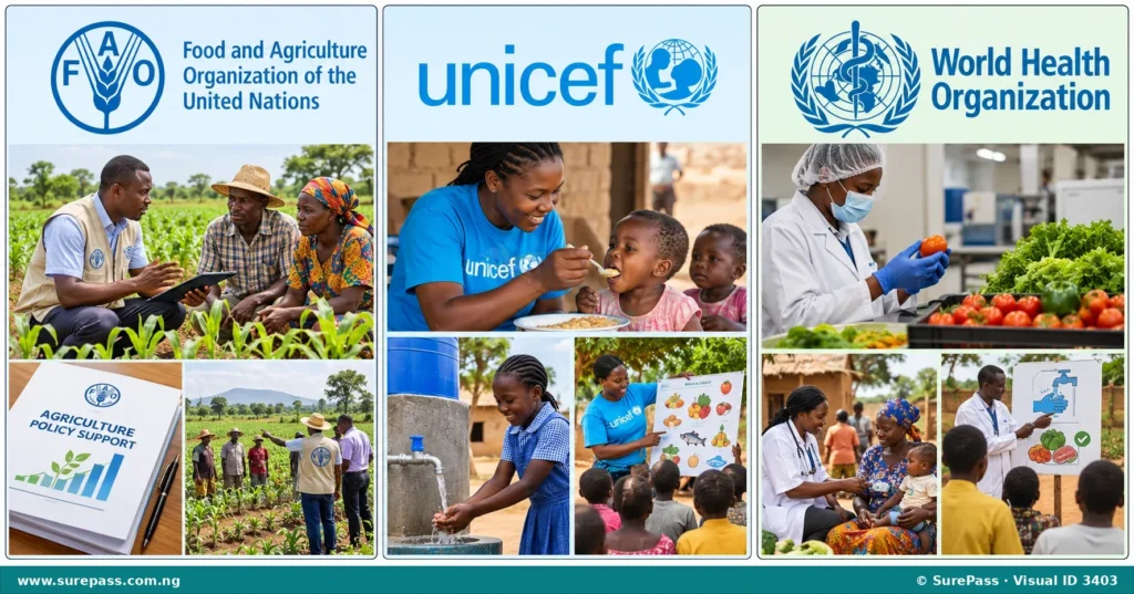 Infographic showing logos and activities of FAO, UNICEF, and WHO, representing international agencies supporting agriculture and related aspects.