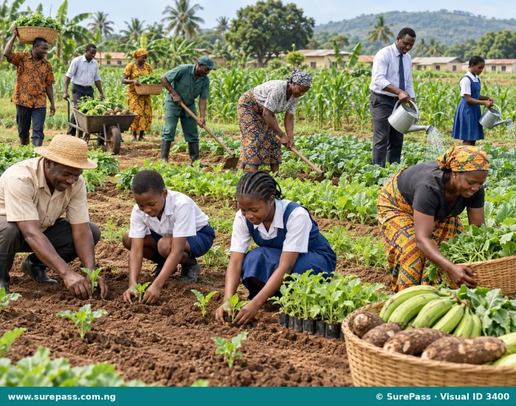 Illustration depicting various Nigerians participating in farming activities, representing the Operation Feed the Nation programme.
