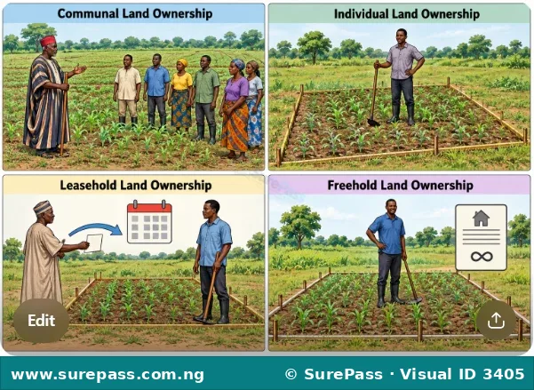 Diagram showing communal, individual, leasehold, and freehold land ownership types in Nigeria.