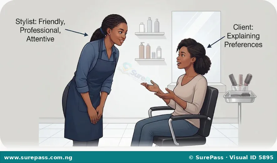 A hair stylist attentively listening to a client in a salon, demonstrating good communication.