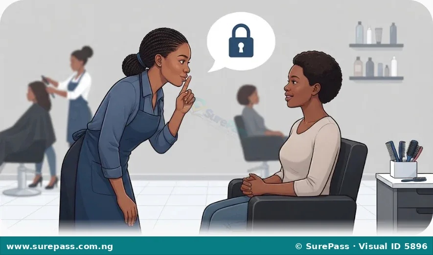 A hair stylist maintaining privacy during a conversation with a client in a salon.
