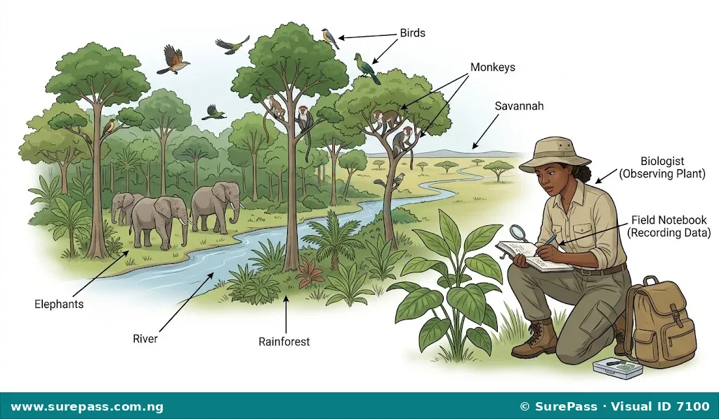A biologist observing plants in a lush, diverse natural environment with various animals, representing a protected area.