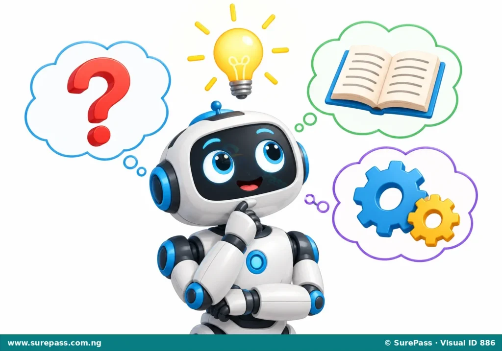 A friendly robot thinking and learning, illustrating Artificial Intelligence.