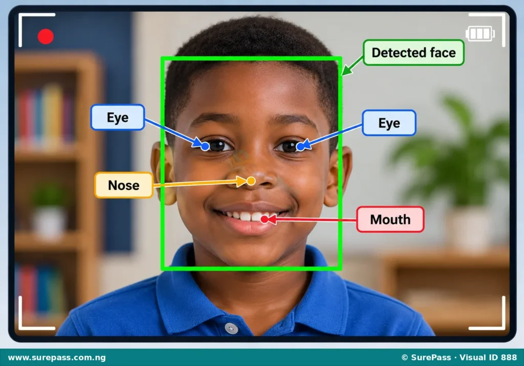 A camera view showing a human face with a green box around it, highlighting eyes, nose, and mouth as features for face detection.