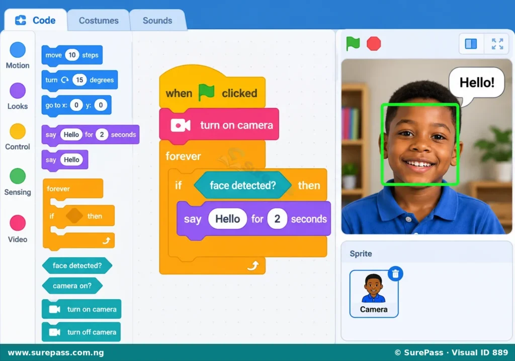 A block-based programming interface showing blocks connected to create a program that says "Hello" when a face is detected by the camera.