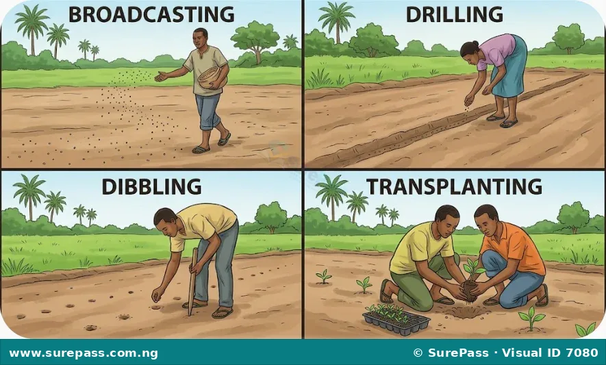 Illustrations of broadcasting, drilling, dibbling, and transplanting methods for sowing and planting.
