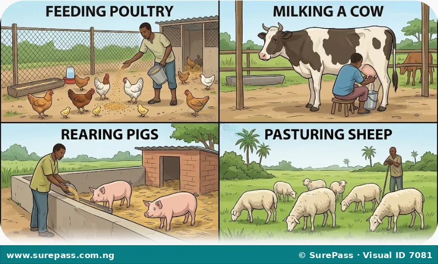 A collage showing a farmer feeding chickens, a cow being milked, a pig in a pen, and sheep grazing, representing animal husbandry practices.