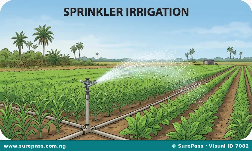 A sprinkler system spraying water over a field of green crops.