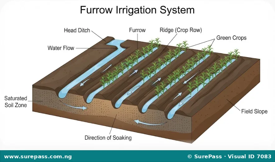 Furrow irrigation with water flowing in channels between crop rows.