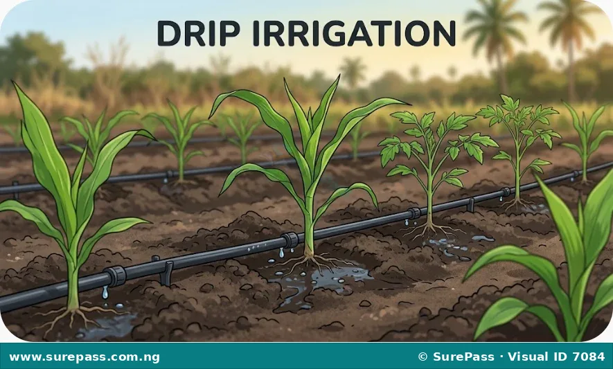 A drip irrigation system with water slowly dripping from emitters near plant roots.