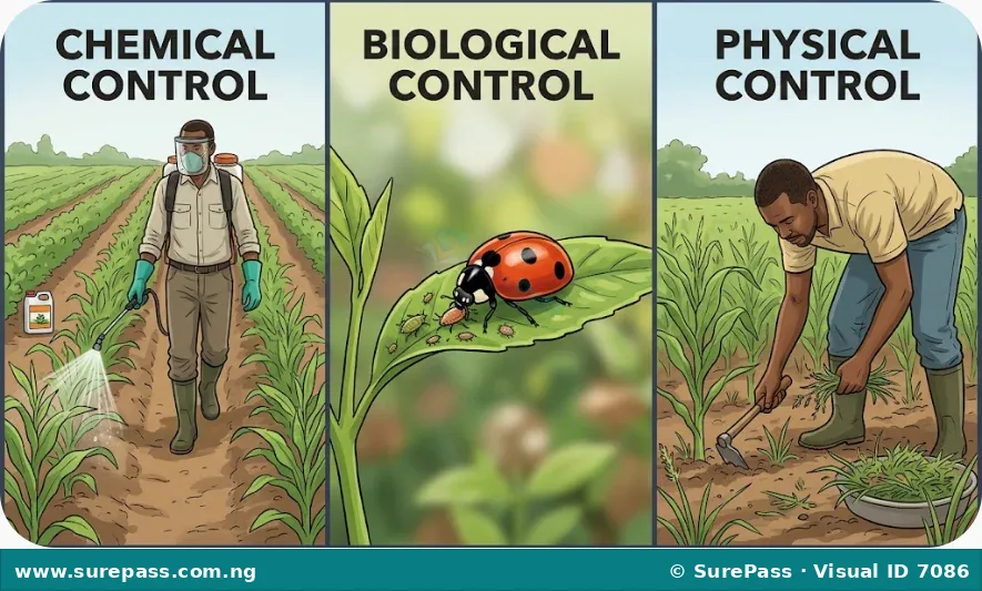 Illustrations of chemical spraying, a ladybird eating an aphid, and hand-weeding, representing pest control strategies.