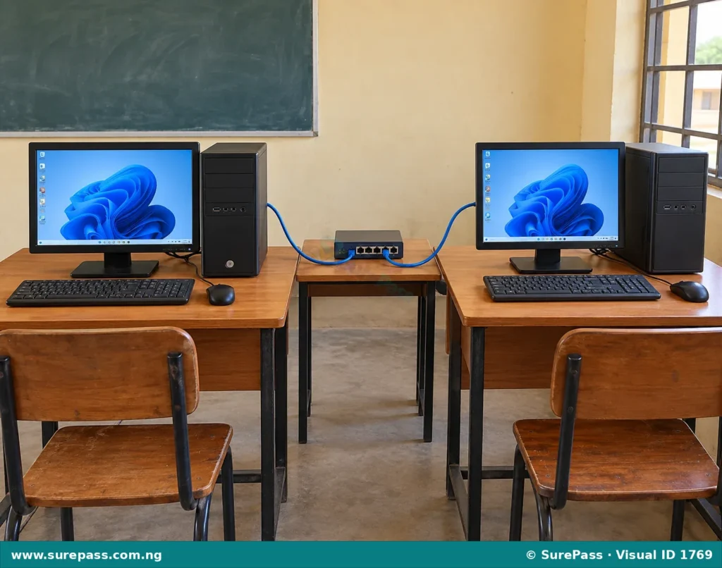 Two computer systems connected by network cables to a network switch in a school computer laboratory.