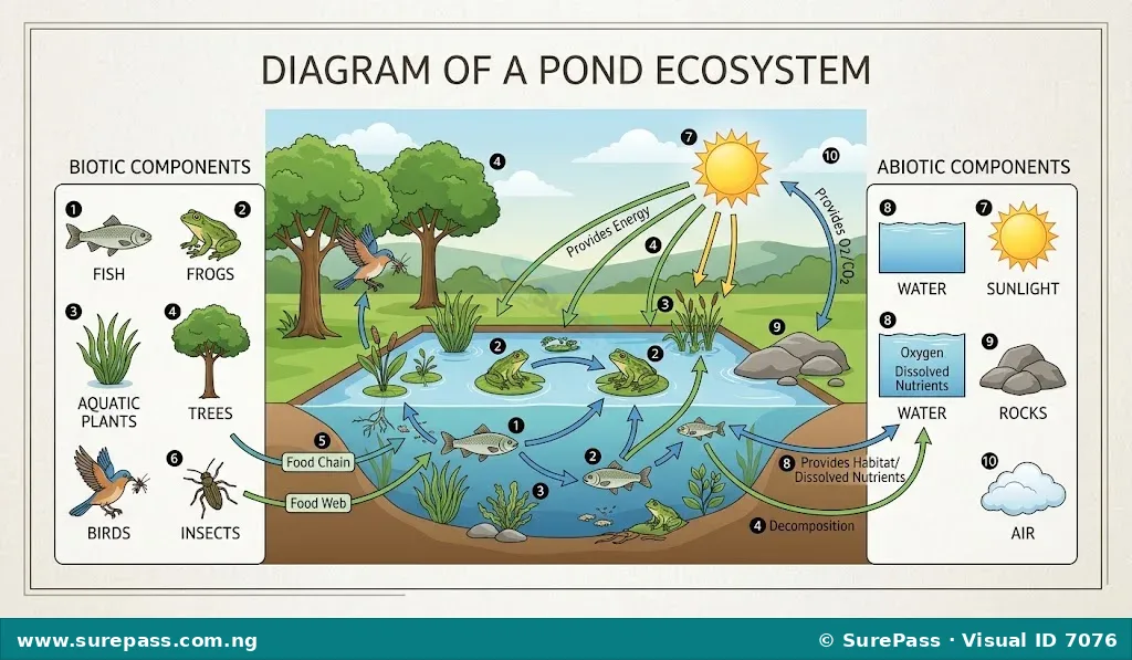 Diagram showing a pond ecosystem with fish, frogs, plants, trees, birds (biotic) and water, sunlight, rocks, air (abiotic) interacting.