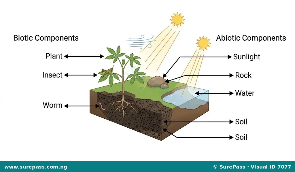 Diagram showing a garden patch with labels pointing to a plant, insect, and worm as biotic components, and soil, rock, sunlight, and water as abiotic components.