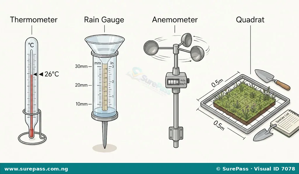 A collection of ecological measurement tools including a thermometer, rain gauge, anemometer, and a square quadrat.