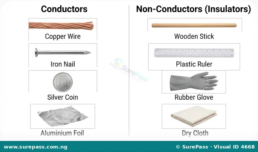 Images showing common conductors like copper wire and iron nail, and common non-conductors like wood and plastic.