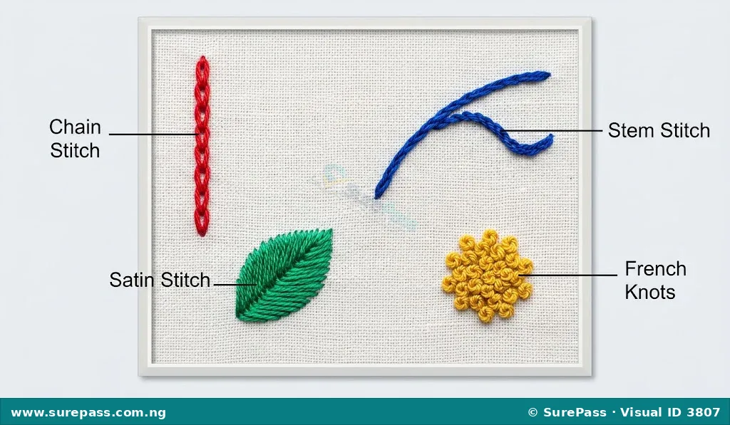 Embroidery sampler showing chain stitch, satin stitch, stem stitch, and French knots.