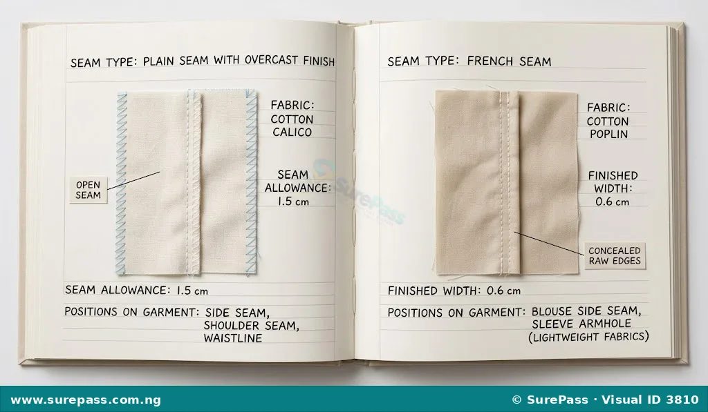 Open page of a sewing specimen album showing mounted fabric samples and labels.