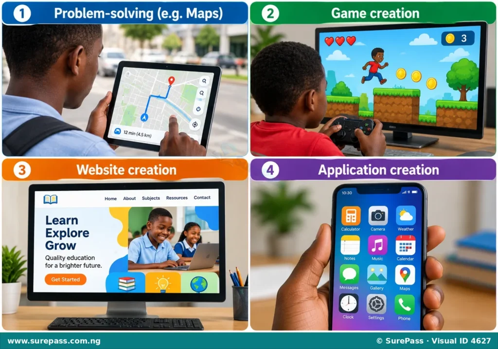 A collage showing examples of programming uses: a person using a map app, a child playing a video game, a website on a computer screen, and app icons on a smartphone.