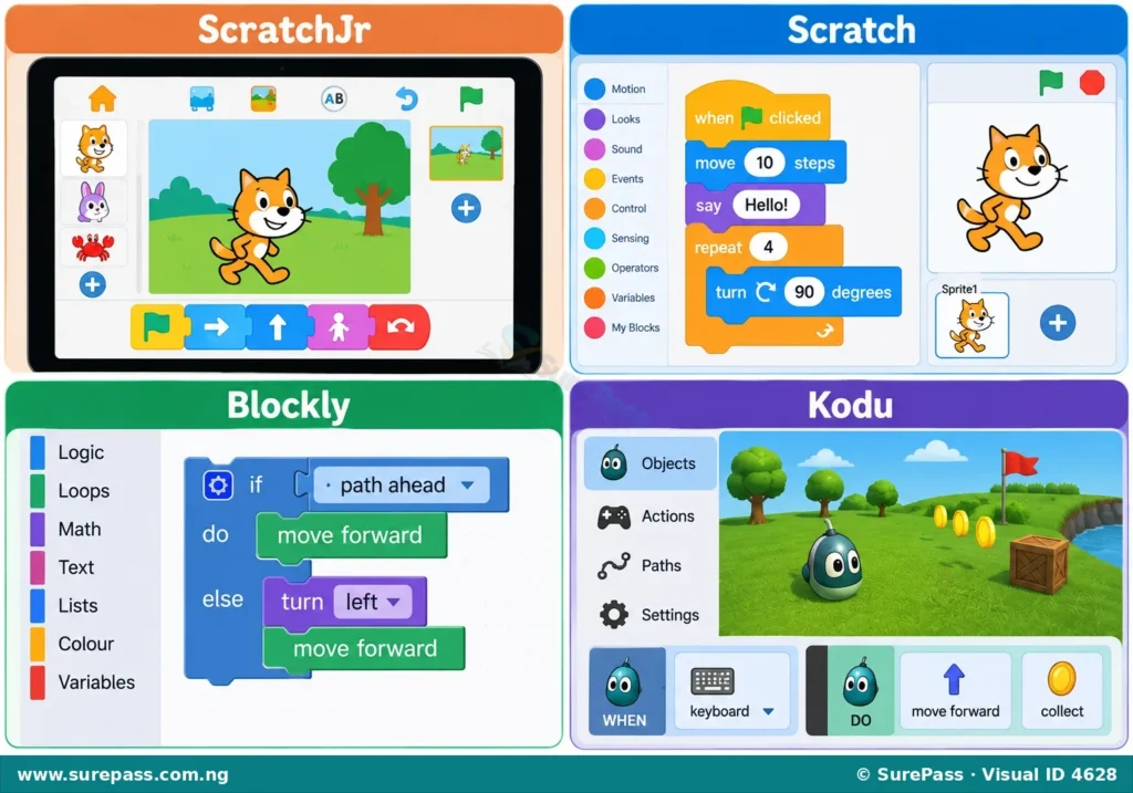 Icons and simplified block-based interfaces for programming tools like ScratchJr, Scratch, Blockly, and Kodu, showing colourful interlocking code blocks.