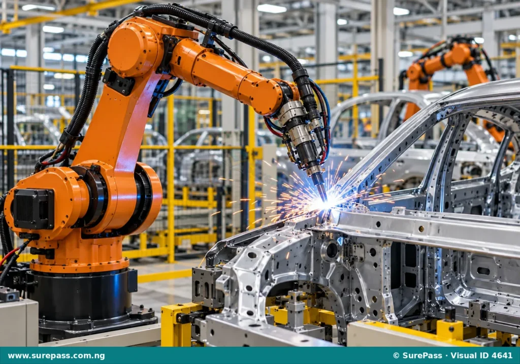 An industrial robot arm welding a car part in a factory.