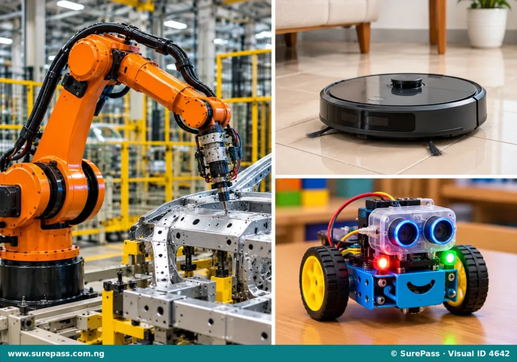 A collage showing an industrial robot, a vacuum cleaning robot, and a toy robot.