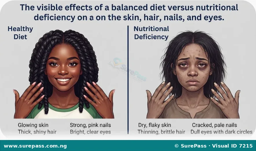Comparison of healthy beauty features versus features affected by nutritional deficiency.