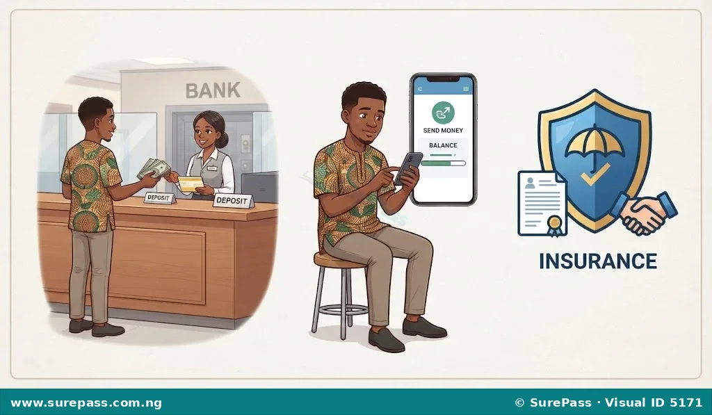 Illustration showing a person depositing money at a bank, using a mobile phone for money transfer, and a shield representing insurance.