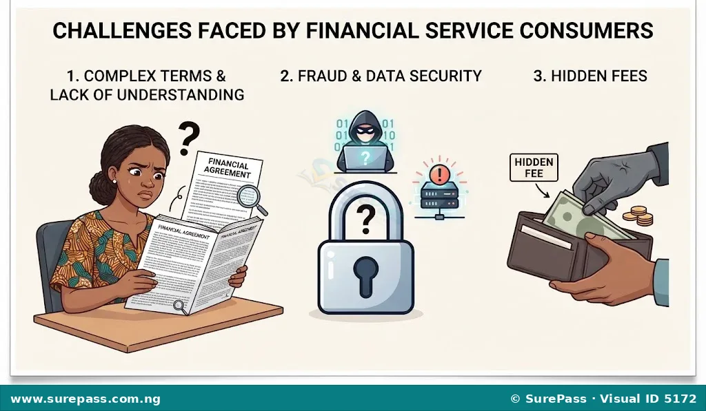 Illustration showing a person confused by complex financial terms, a hacker icon with a question mark over a padlock, and a hidden hand taking money from a wallet.