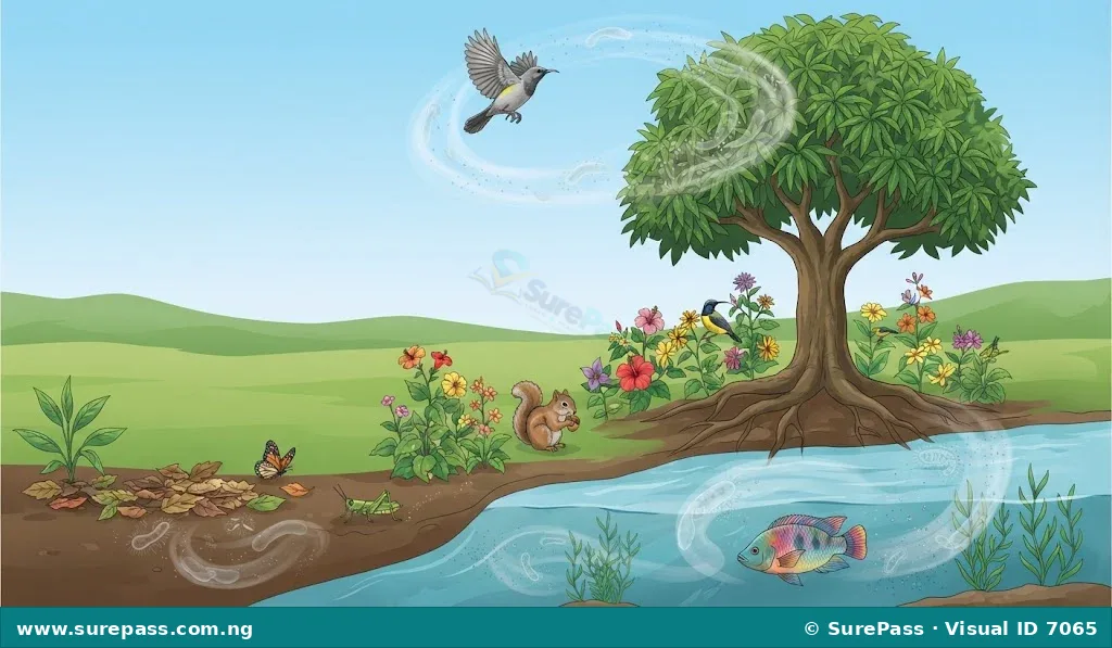 Illustration showing various living things like a tree, bird, fish, and microscopic organisms, representing the scope of biology.