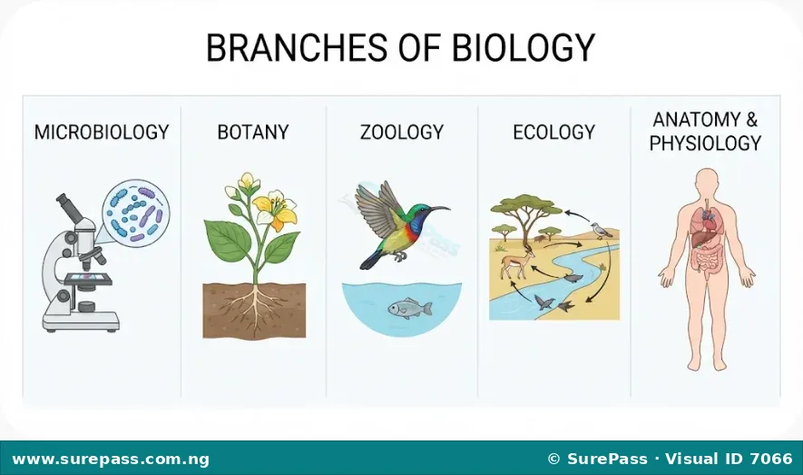 Diagram showing branches of biology: Microbiology (microscope), Botany (plant), Zoology (animal), Ecology (ecosystem), Anatomy/Physiology (human body outline).