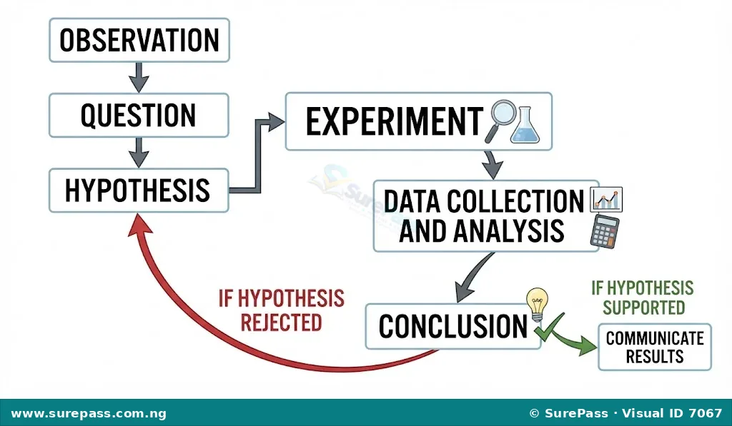 Flowchart showing the steps of the scientific method: Observation, Question, Hypothesis, Experiment, Data Collection and Analysis, Conclusion. An arrow from Conclusion points back to Hypothesis.