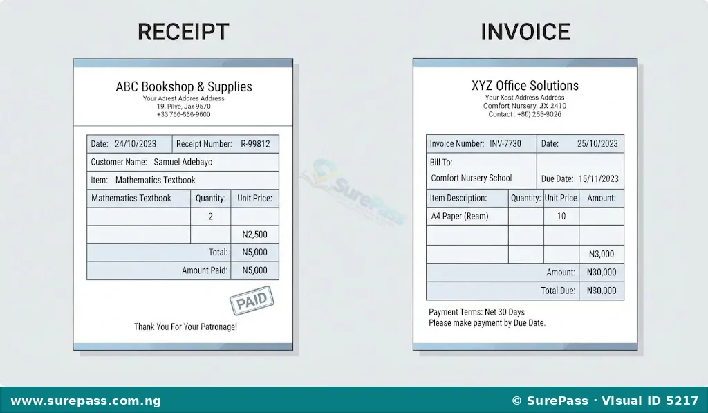 Two documents, a receipt showing proof of payment and an invoice requesting payment for goods or services.