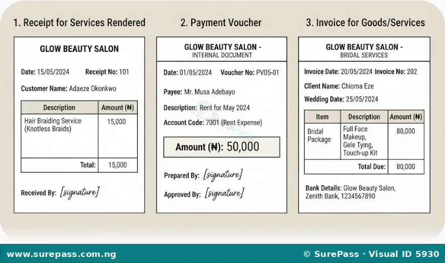 Three documents - a receipt for hair braiding, a payment voucher for salon rent, and an invoice for bridal makeup.