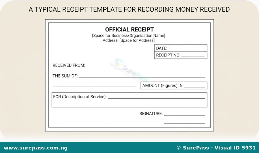 A blank receipt template with fields for date, receipt number, customer name, amount in words and figures, service description, and signature.