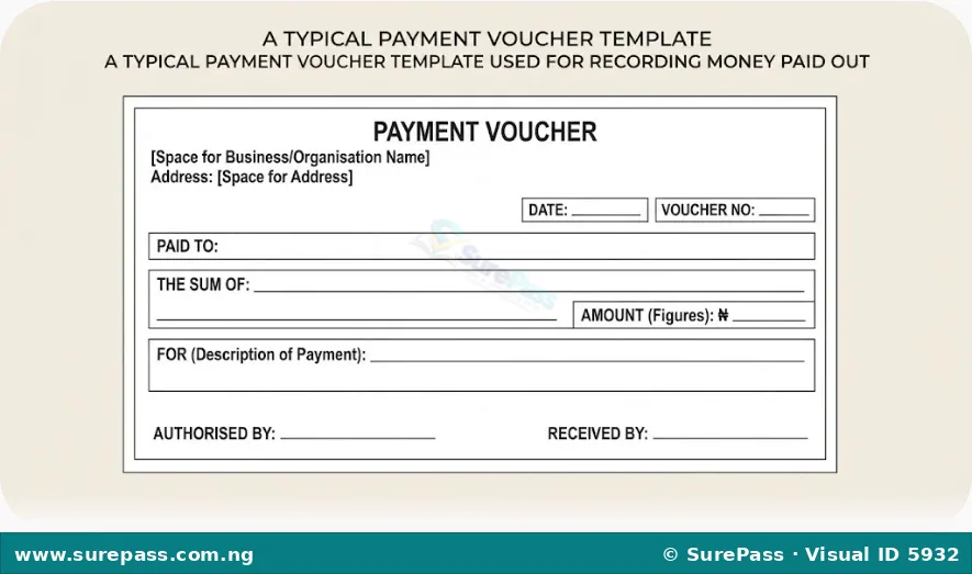 A blank payment voucher template with fields for date, voucher number, payee, amount in words and figures, payment description, authorisation signature, and receiver's signature.