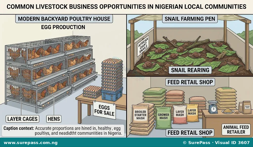 Illustration of poultry farming, snail rearing, and animal feed retailing as local business opportunities.