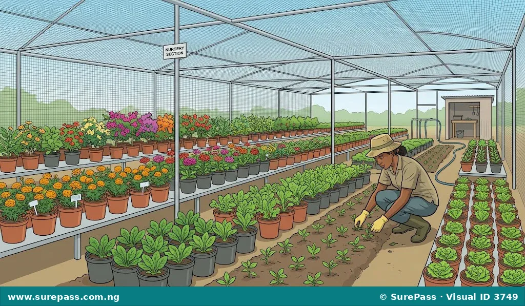 A commercial horticultural nursery with potted plants and flowers under a shade net.