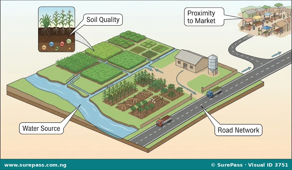 A diagram showing key factors affecting the success of an agricultural business in a location.