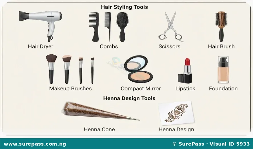 A collection of beauty tools including a hair dryer, combs, scissors, makeup brushes, lipstick, foundation, and a henna cone.