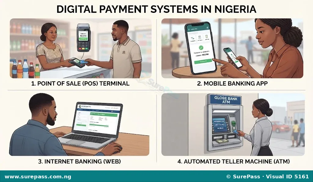 Illustration of common digital payment systems including a POS terminal in a shop, a person using a mobile banking app on a smartphone, a laptop displaying an internet banking website, and an ATM machine.