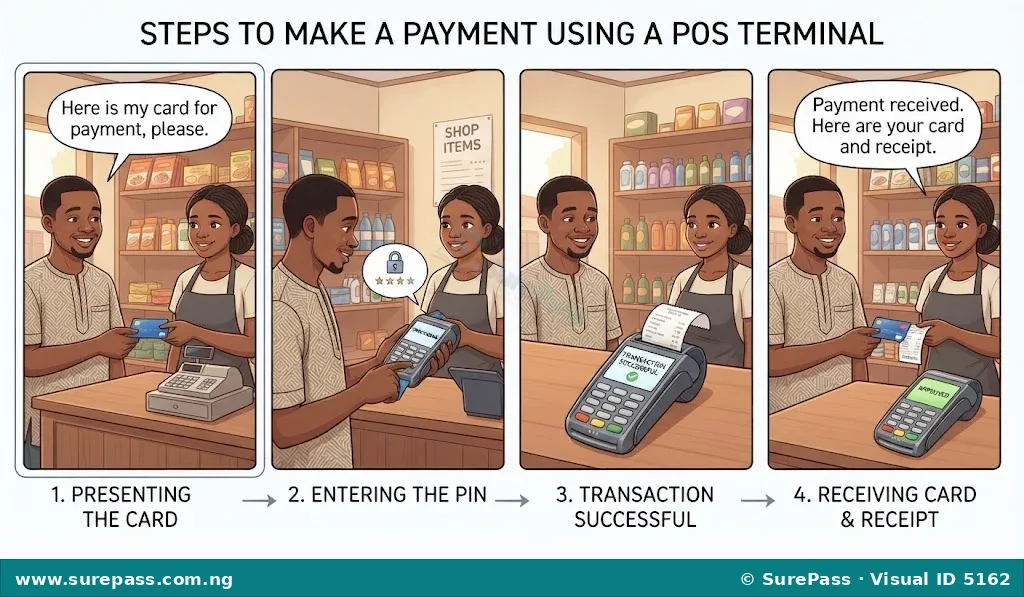 Step-by-step illustration of using a POS terminal for payment, showing card presentation, PIN entry, transaction confirmation, and receipt collection.