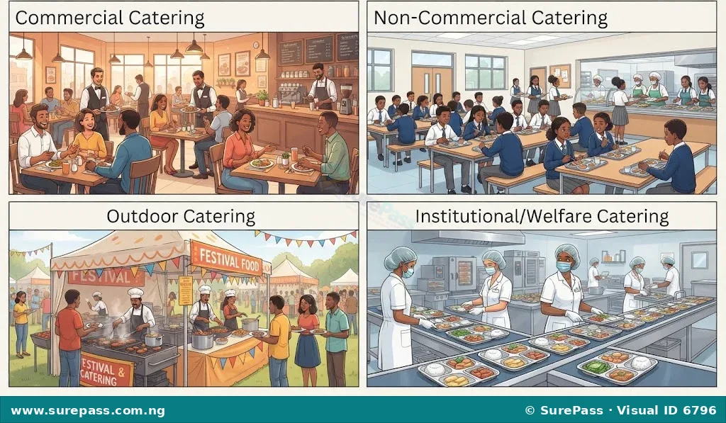 Four panels illustrating commercial, non-commercial, outdoor, and institutional catering with relevant scenes.