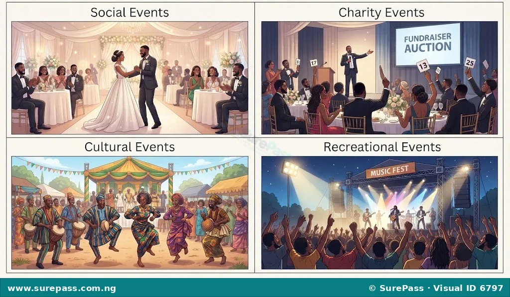 Four panels illustrating social, charity, cultural, and recreational events with relevant scenes.