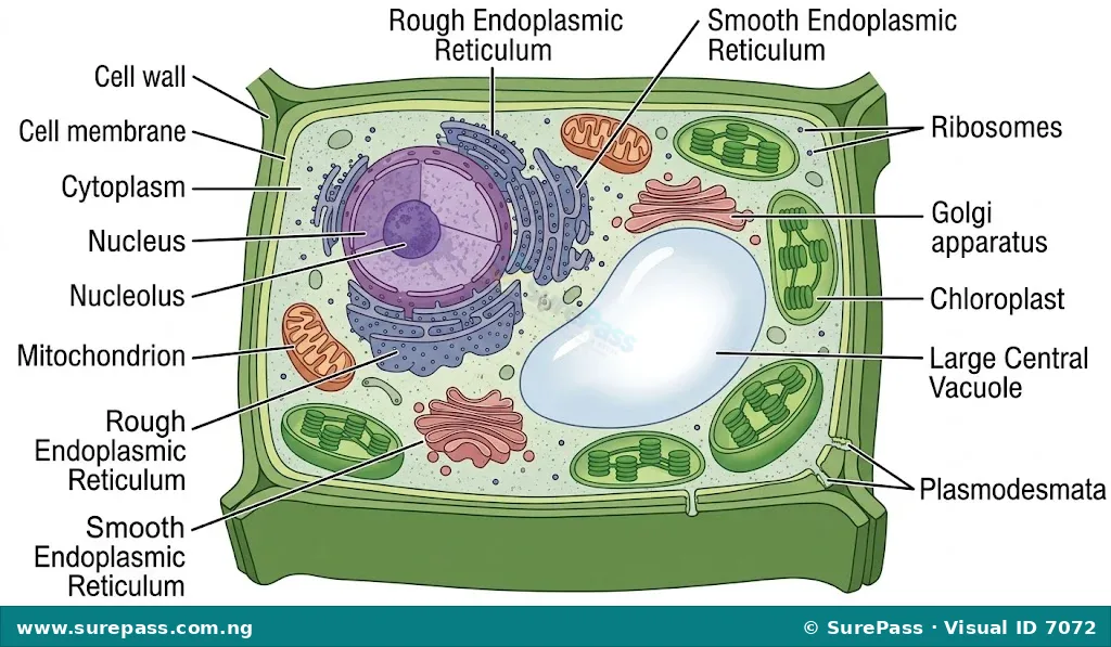 Diagram of a plant cell showing its various organelles, including the cell wall and chloroplasts.