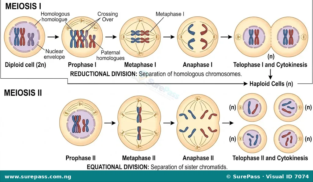 Diagrams illustrating the stages of meiosis, from a diploid parent cell to four haploid daughter cells.