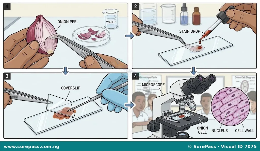 Step-by-step guide on preparing an onion cell slide for observation.