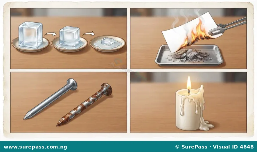 A collage showing ice melting, paper burning, a nail rusting, and candle wax melting, illustrating different changes in nature.