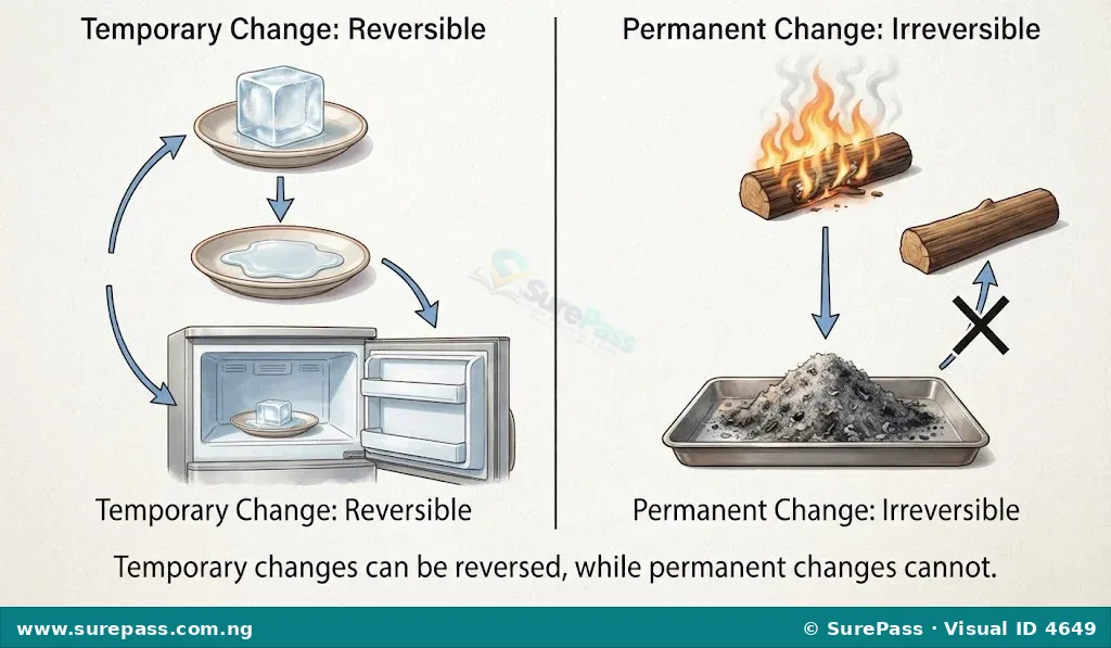A comparison showing ice melting and refreezing as a reversible temporary change, and wood burning into ash as an irreversible permanent change.