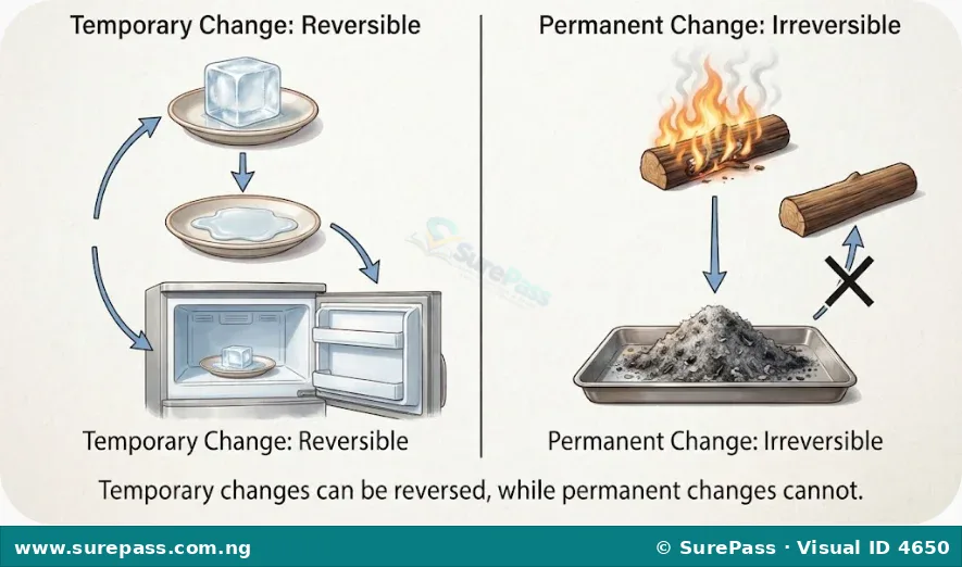 Diagram showing Vaseline melting in a spoon over a flame and then re-solidifying as it cools, demonstrating a temporary change.